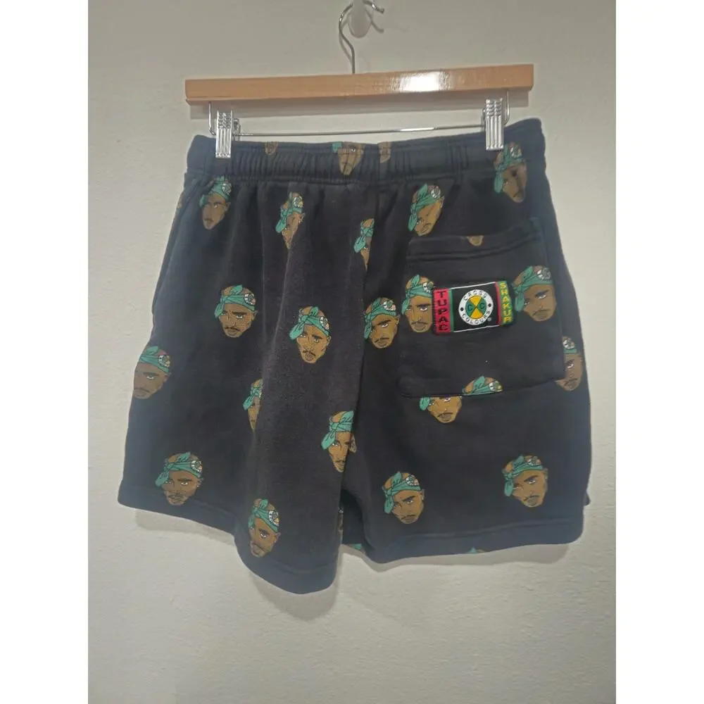 CROSS COLOURS TUPAC SHAKUR Men's Black Sweat-shorts with Tupac Faces Printed M